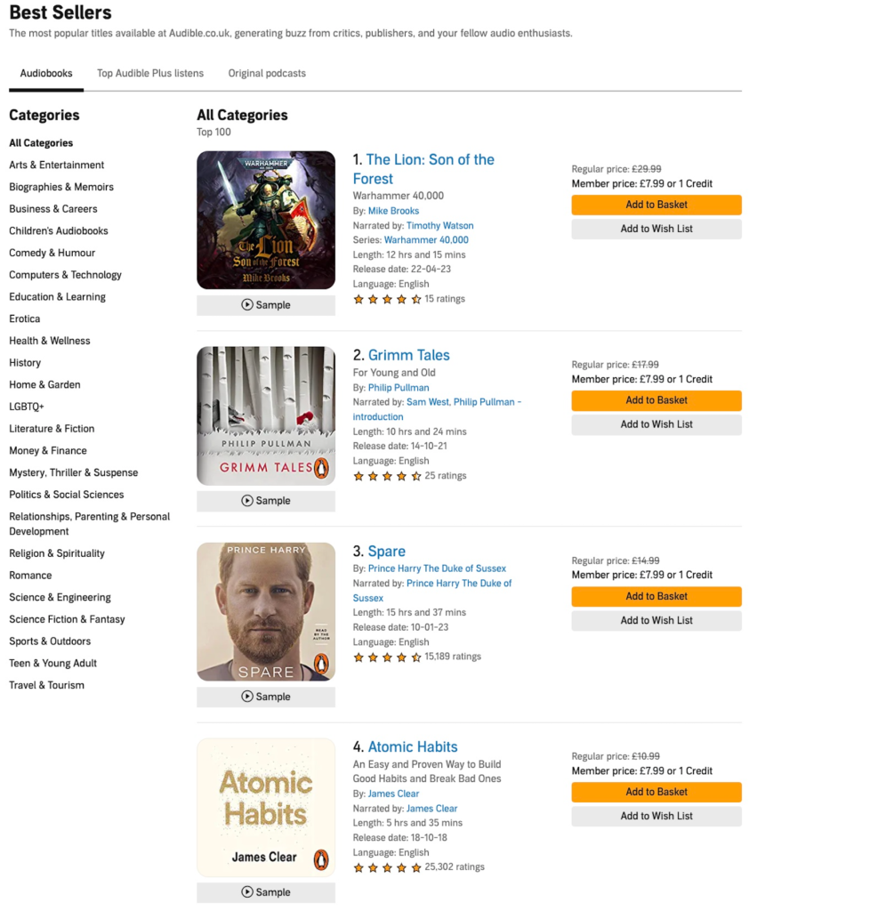 A screenshot of Audible, showing Son of the Forest at #1 above 'Grimm Tales', 'Spare', and 'Atomic Habits'.